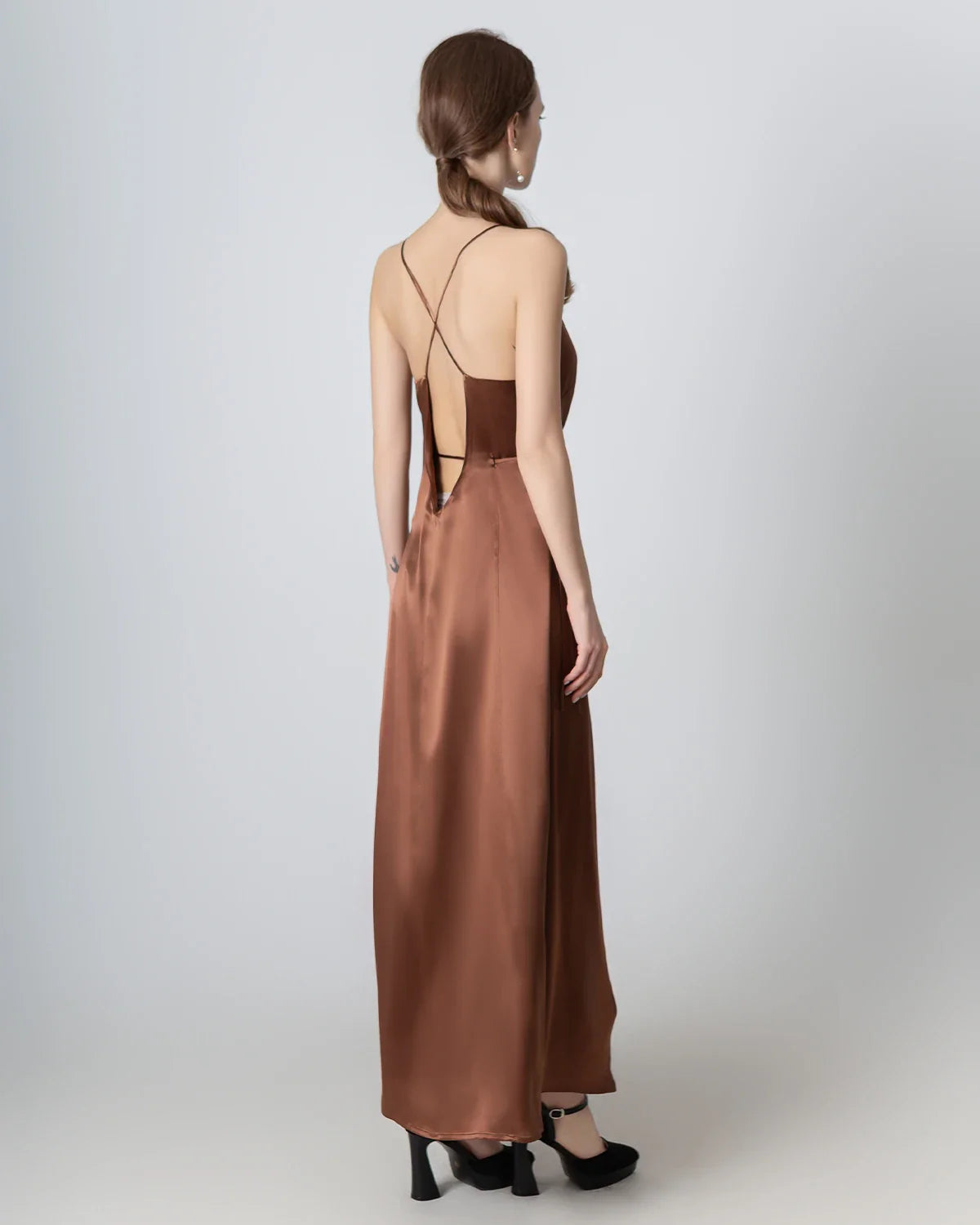 V-neck Backless Wrap Maxi Silk Dress, Brown