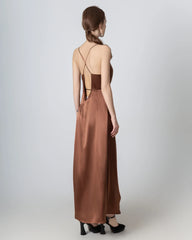 V-neck Backless Wrap Maxi Silk Dress, Brown