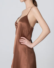 V-neck Backless Wrap Maxi Silk Dress, Brown