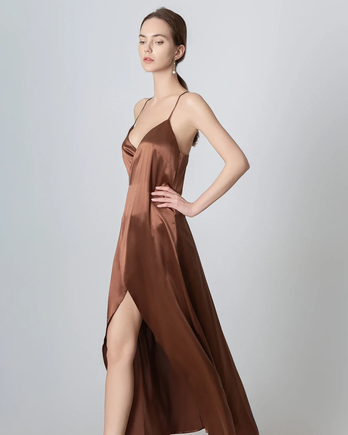 V-neck Backless Wrap Maxi Silk Dress, Brown