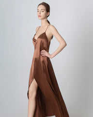 V-neck Backless Wrap Maxi Silk Dress, Brown