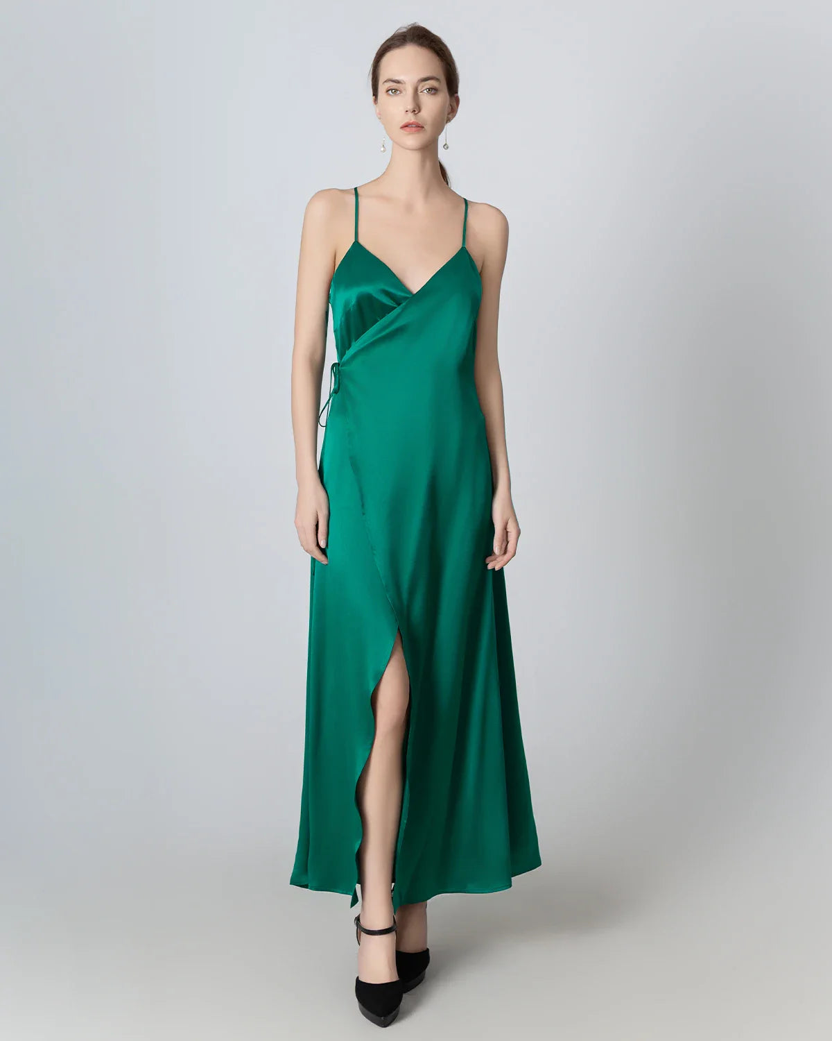 V-neck Backless Wrap Maxi Silk Dress, Dark Green