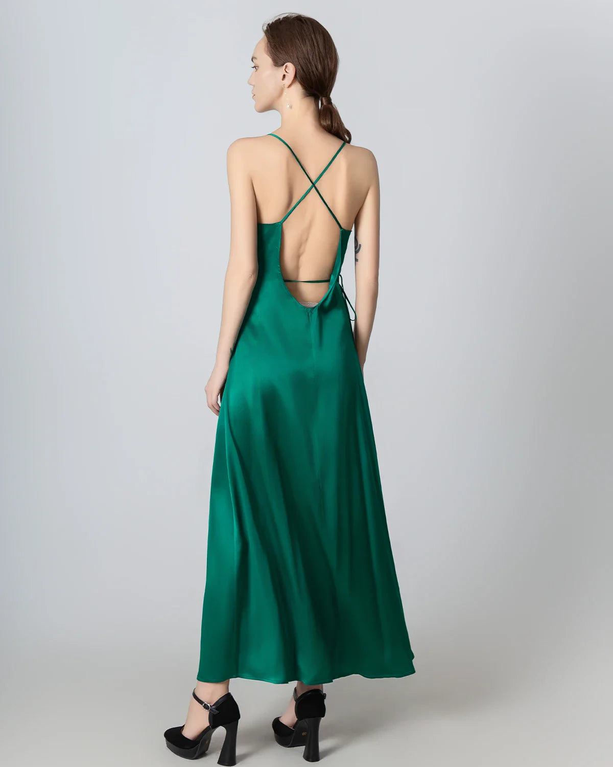 V-neck Backless Wrap Maxi Silk Dress, Dark Green