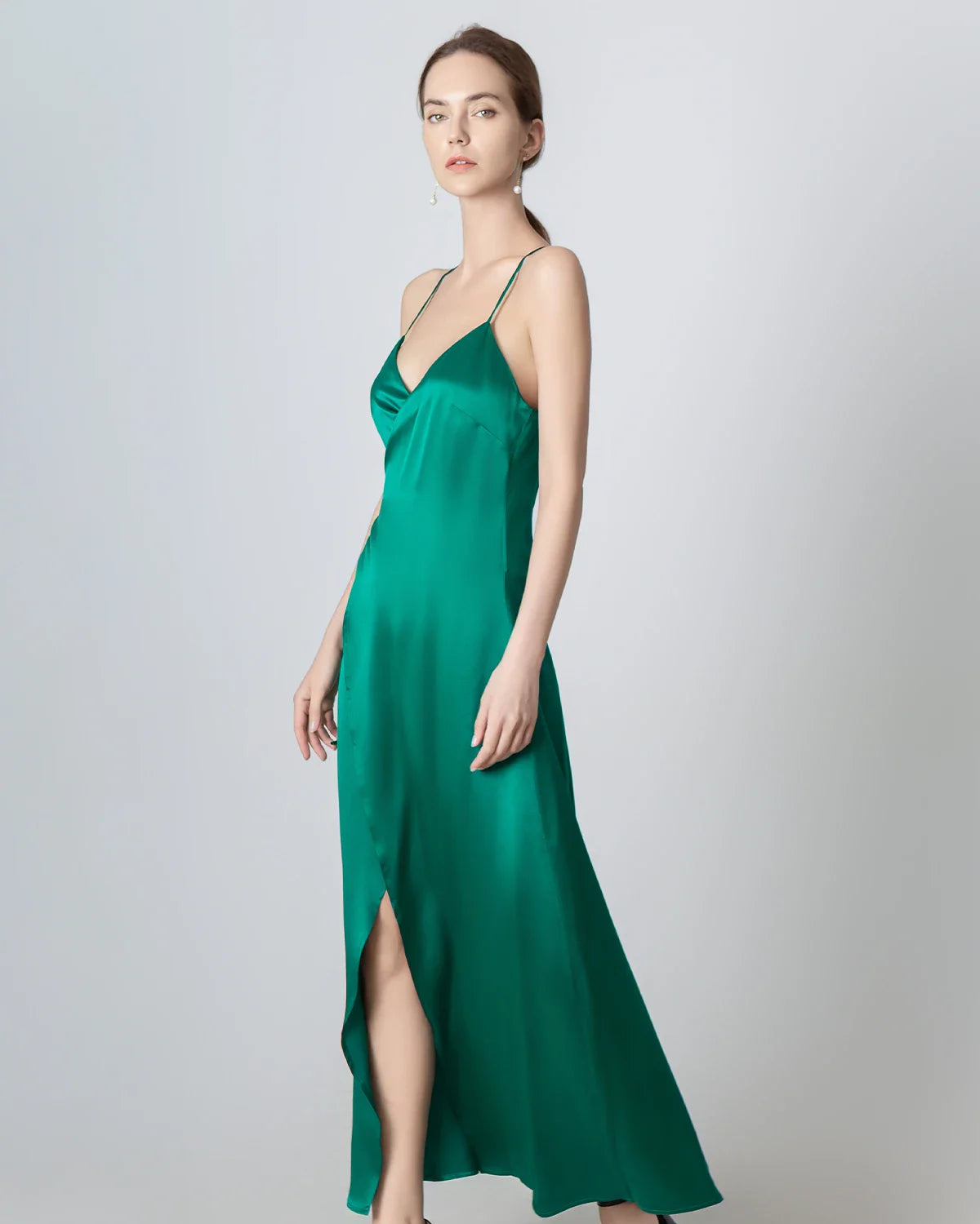 V-neck Backless Wrap Maxi Silk Dress, Dark Green