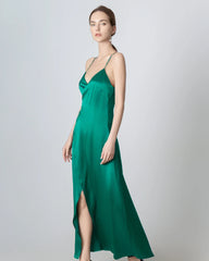 V-neck Backless Wrap Maxi Silk Dress, Dark Green