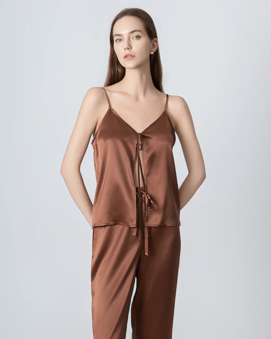 V-neck Camisole Silk Pajama Set, Brown