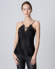 V-neck Crisscross Lace Silk Camisole, Black