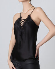 V-neck Crisscross Lace Silk Camisole, Black