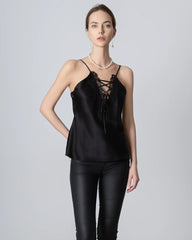 V-neck Crisscross Lace Silk Camisole, Black