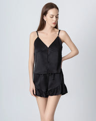 V-neck Front Open Camisole Silk Pajama Set, Black