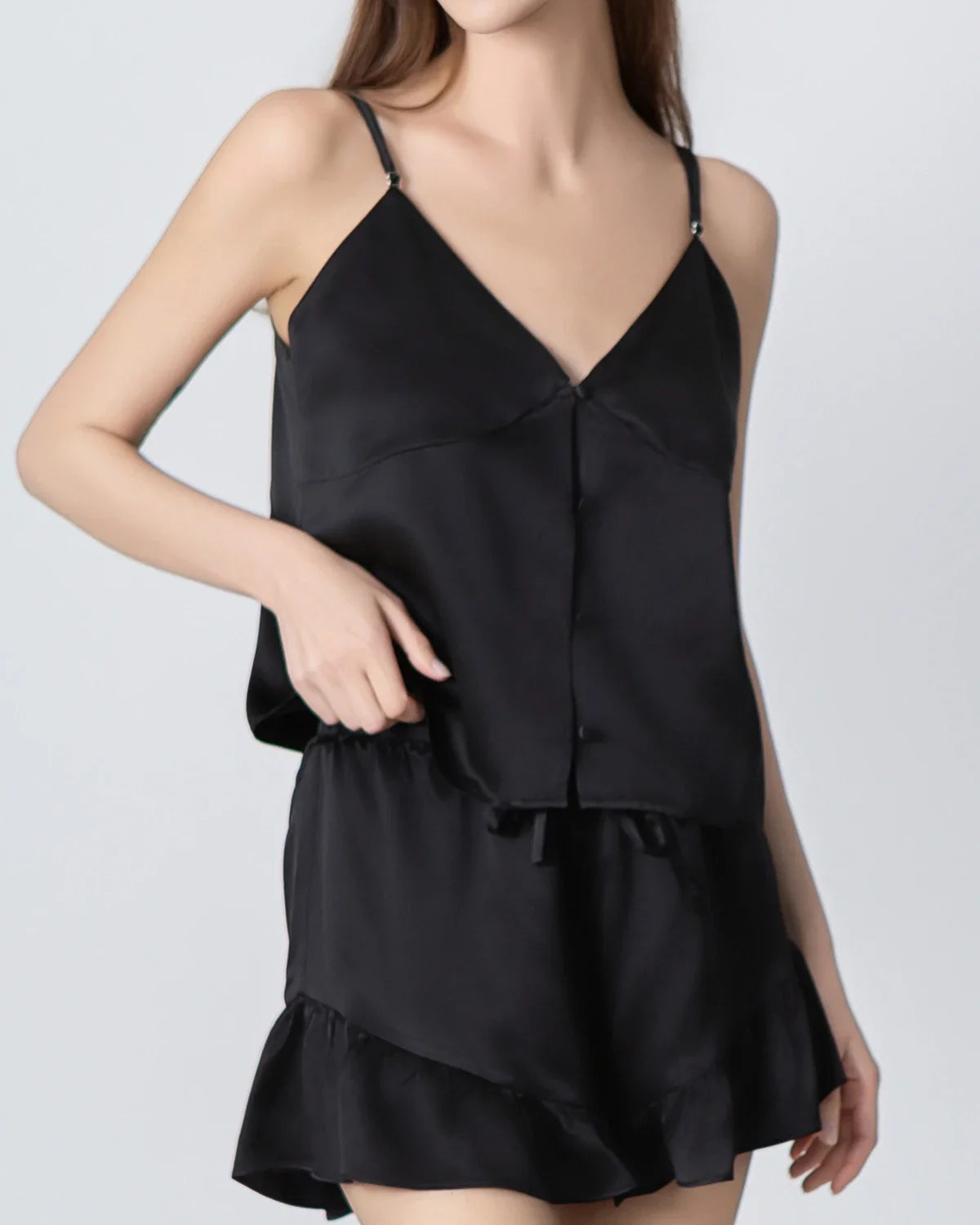 V-neck Front Open Camisole Silk Pajama Set, Black