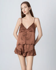 V-neck Front Open Camisole Silk Pajama Set, Brown