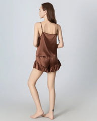 V-neck Front Open Camisole Silk Pajama Set, Brown
