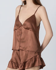 V-neck Front Open Camisole Silk Pajama Set, Brown