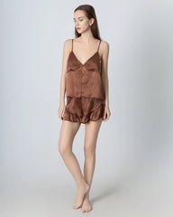 V-neck Front Open Camisole Silk Pajama Set, Brown