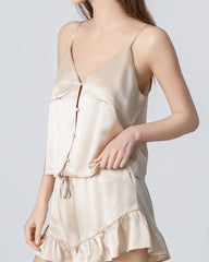 V-neck Front Open Camisole Silk Pajama Set, Champagne