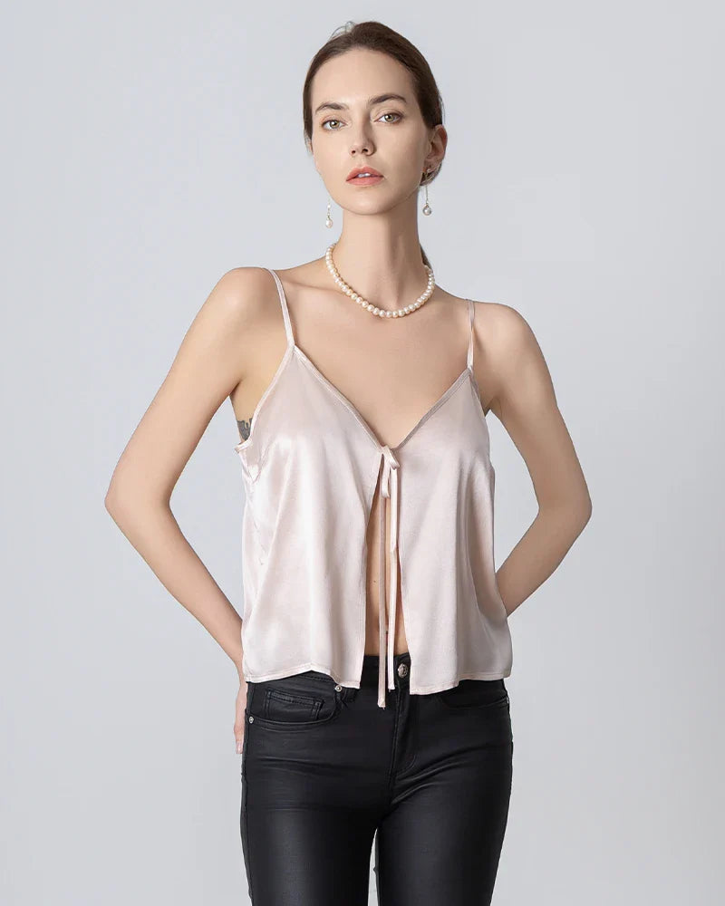V-neck Front Open Silk Camisole, Pink