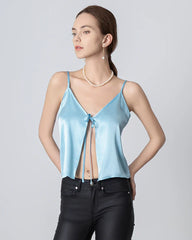 V-neck Front Open Silk Camisole, Sky Blue