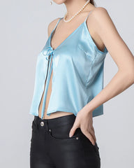 V-neck Front Open Silk Camisole, Sky Blue