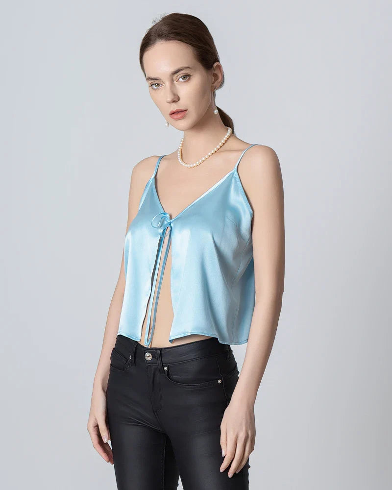 V-neck Front Open Silk Camisole, Sky Blue