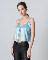 V-neck Front Open Silk Camisole, Sky Blue