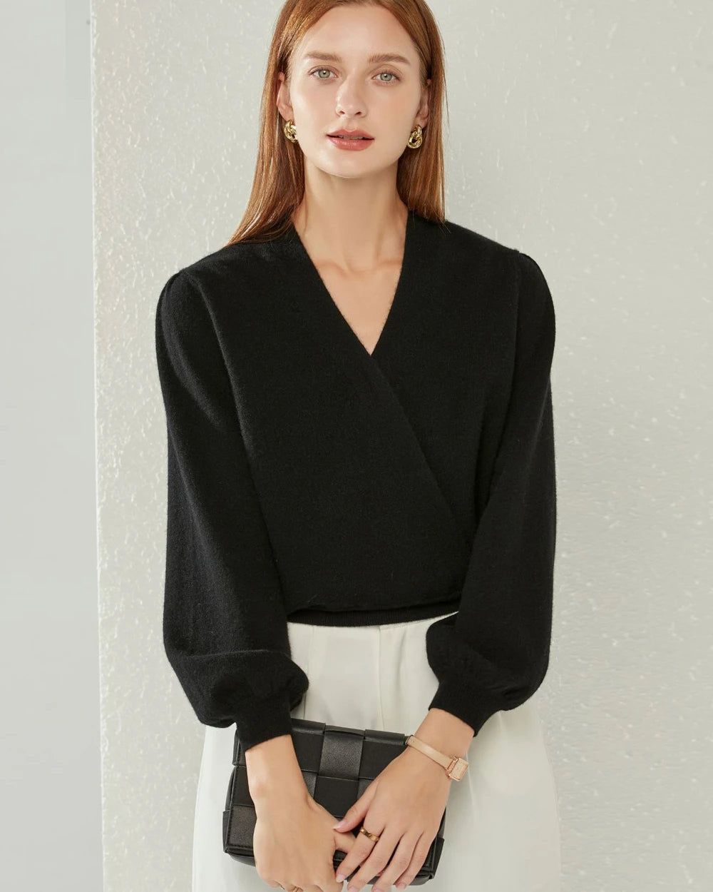 V-neck Lantern Sleeve Cashmere Sweater, Black