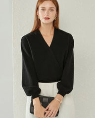V-neck Lantern Sleeve Cashmere Sweater, Black