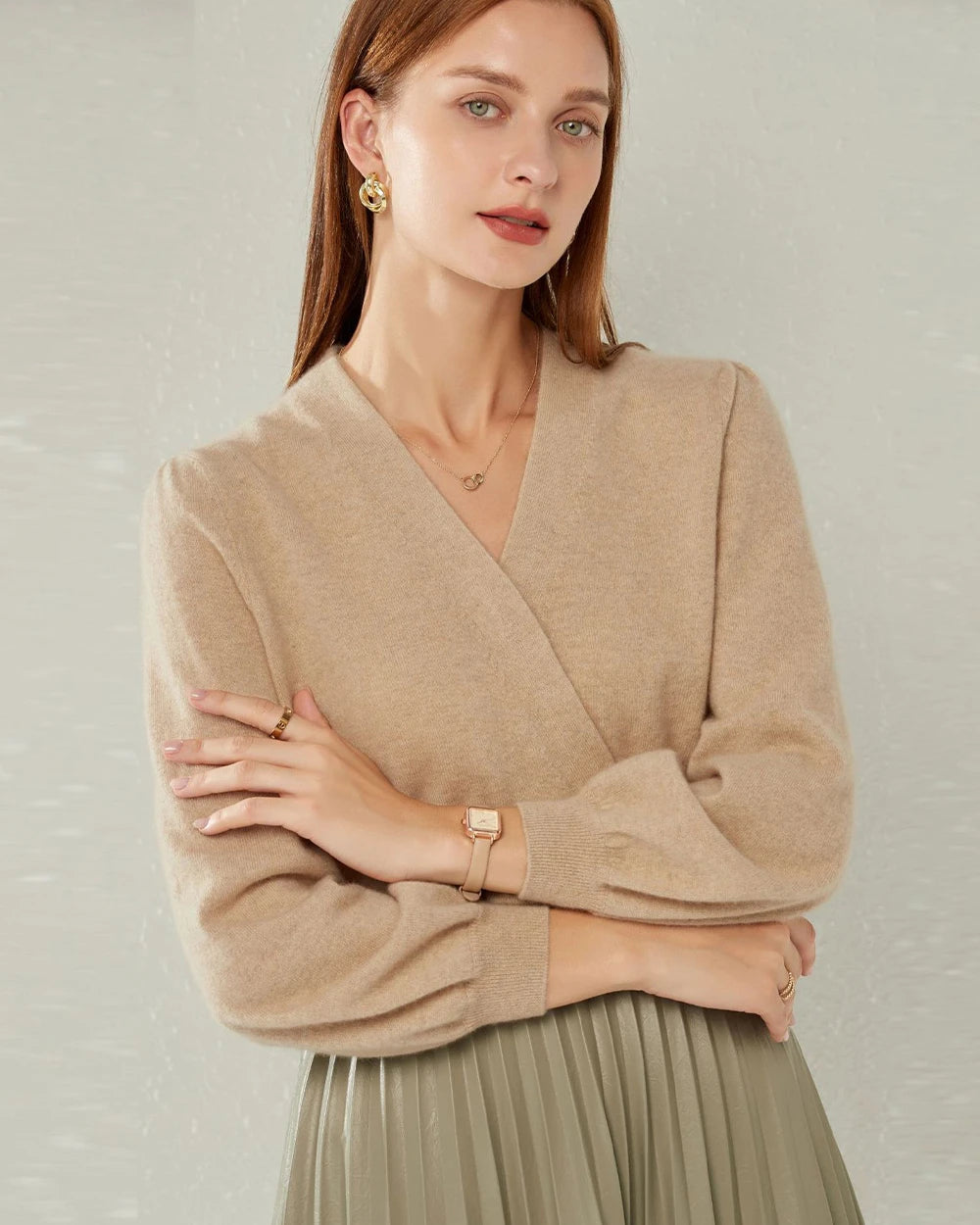 V-neck Lantern Sleeve Cashmere Sweater, Camel