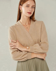 V-neck Lantern Sleeve Cashmere Sweater, Camel