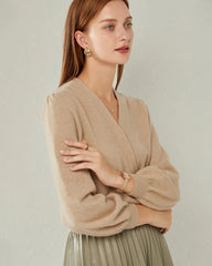 V-neck Lantern Sleeve Cashmere Sweater, Camel