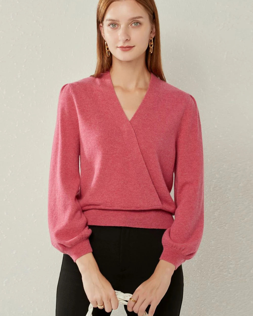 V-neck Lantern Sleeve Cashmere Sweater, Pink