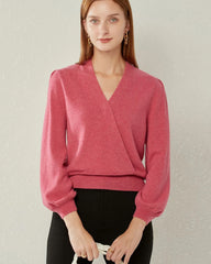 V-neck Lantern Sleeve Cashmere Sweater, Pink