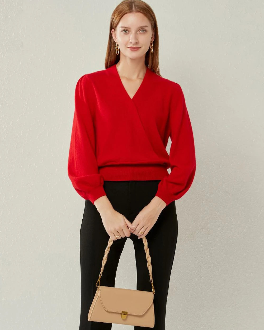 V-neck Lantern Sleeve Cashmere Sweater, Red