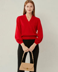 V-neck Lantern Sleeve Cashmere Sweater, Red