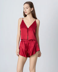 V-neck Short Camisole Silk Pajama Set, Red