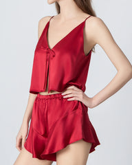 V-neck Short Camisole Silk Pajama Set, Red