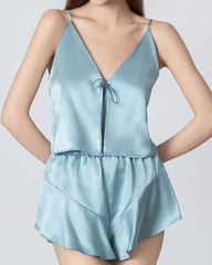V-neck Short Camisole Silk Pajama Set, Haze Blue