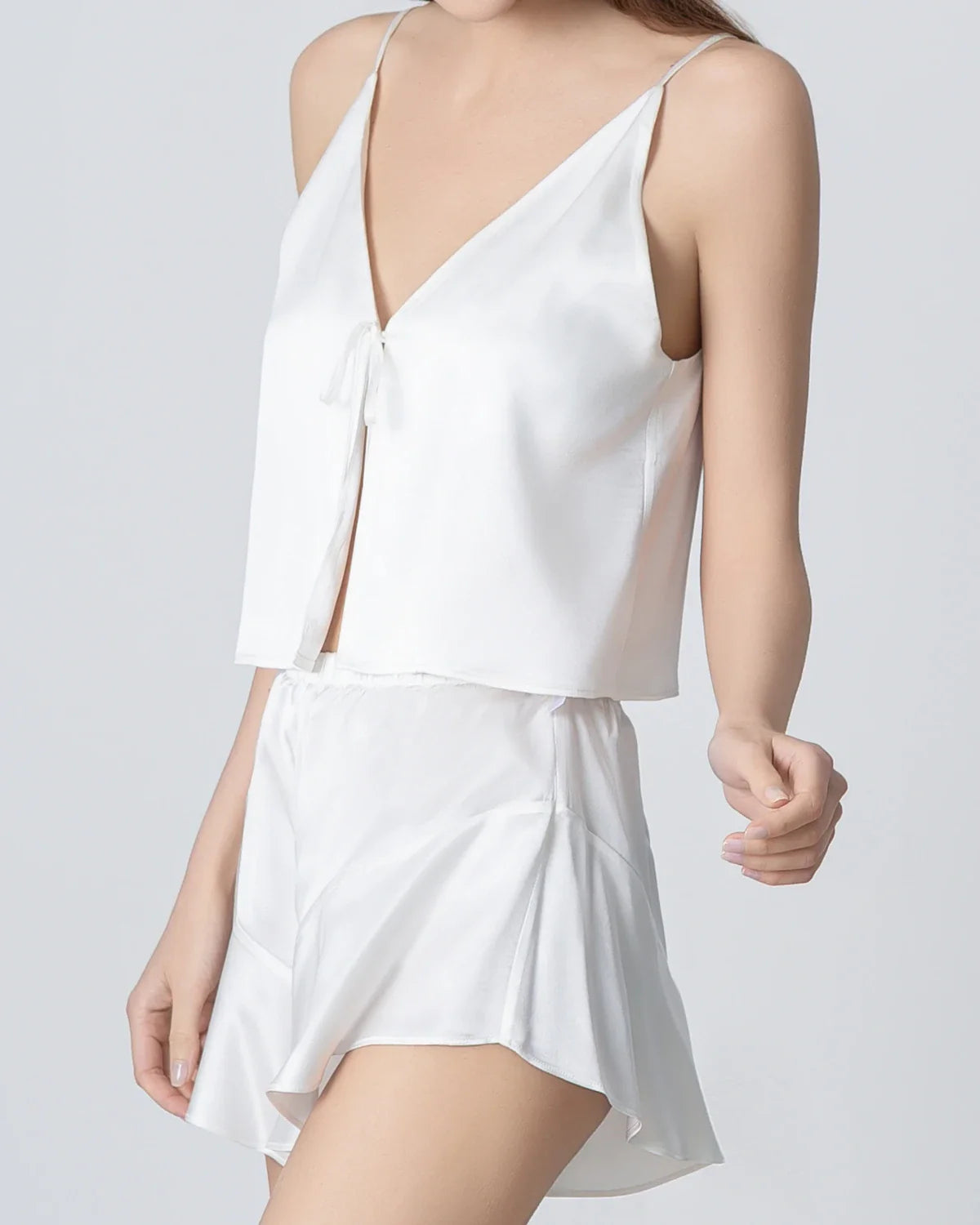 V-neck Short Camisole Silk Pajama Set, White