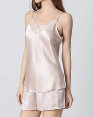 V-neck Short Lace Camisole Silk Pajama Set, Pink