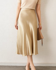 Versatile Silk Midi Skirts with Elastic Waistband, Champagne