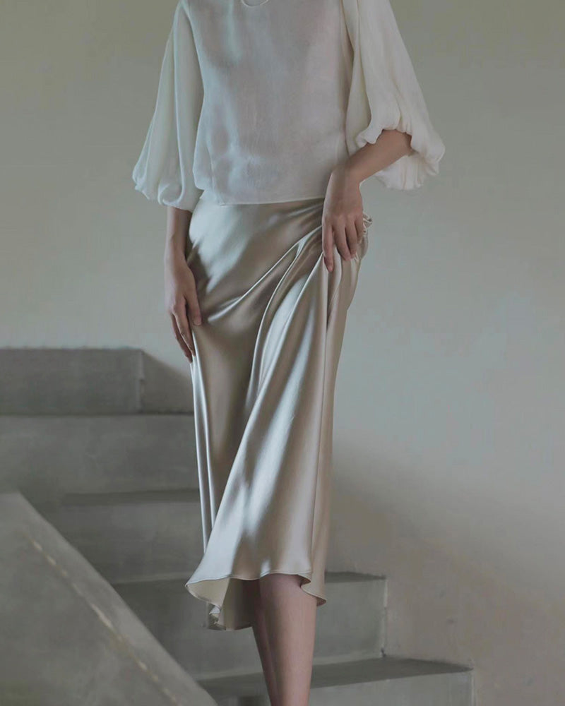 Versatile Silk Midi Skirts with Elastic Waistband, Champagne