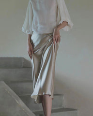 Versatile Silk Midi Skirts with Elastic Waistband, Champagne