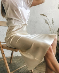 Versatile Silk Midi Skirts with Elastic Waistband, Champagne