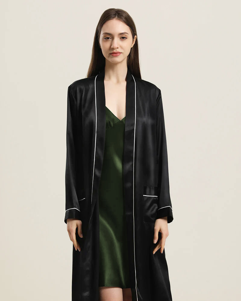 Washable Pure Color Silk Robe For Women, Black
