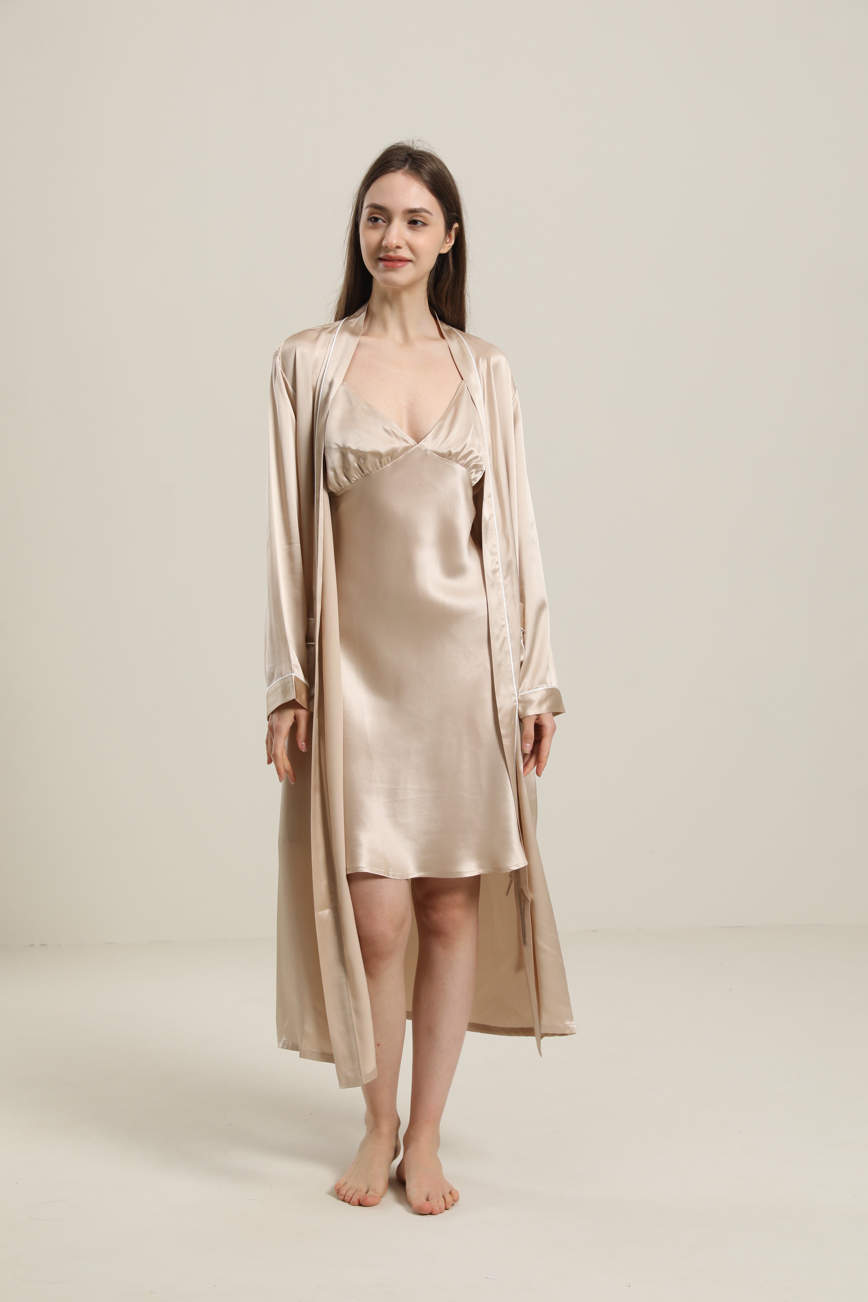 Washable Pure Color Silk Robe For Women, Champagne