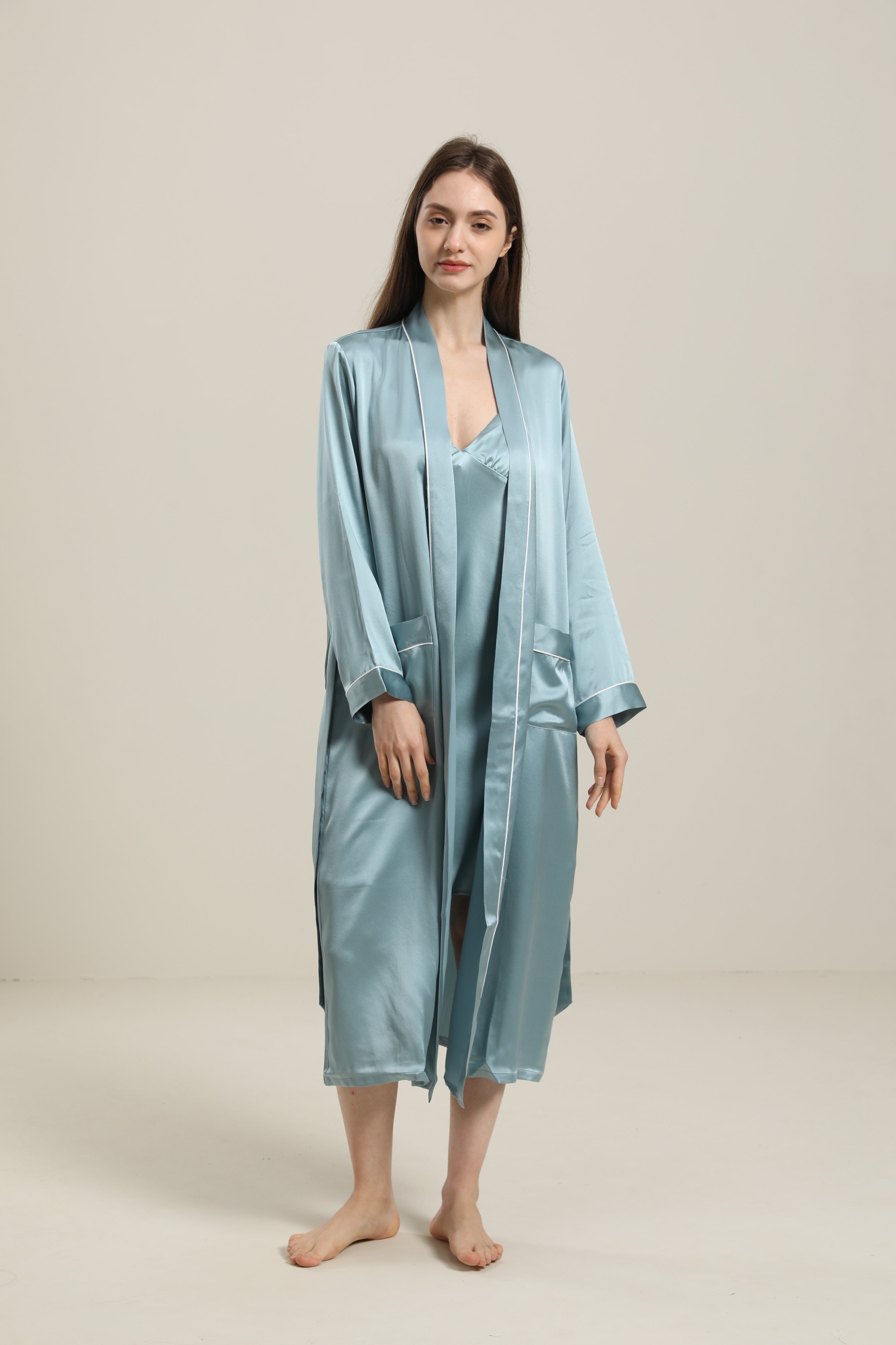 Washable Pure Color Silk Robe For Women, Haze Blue