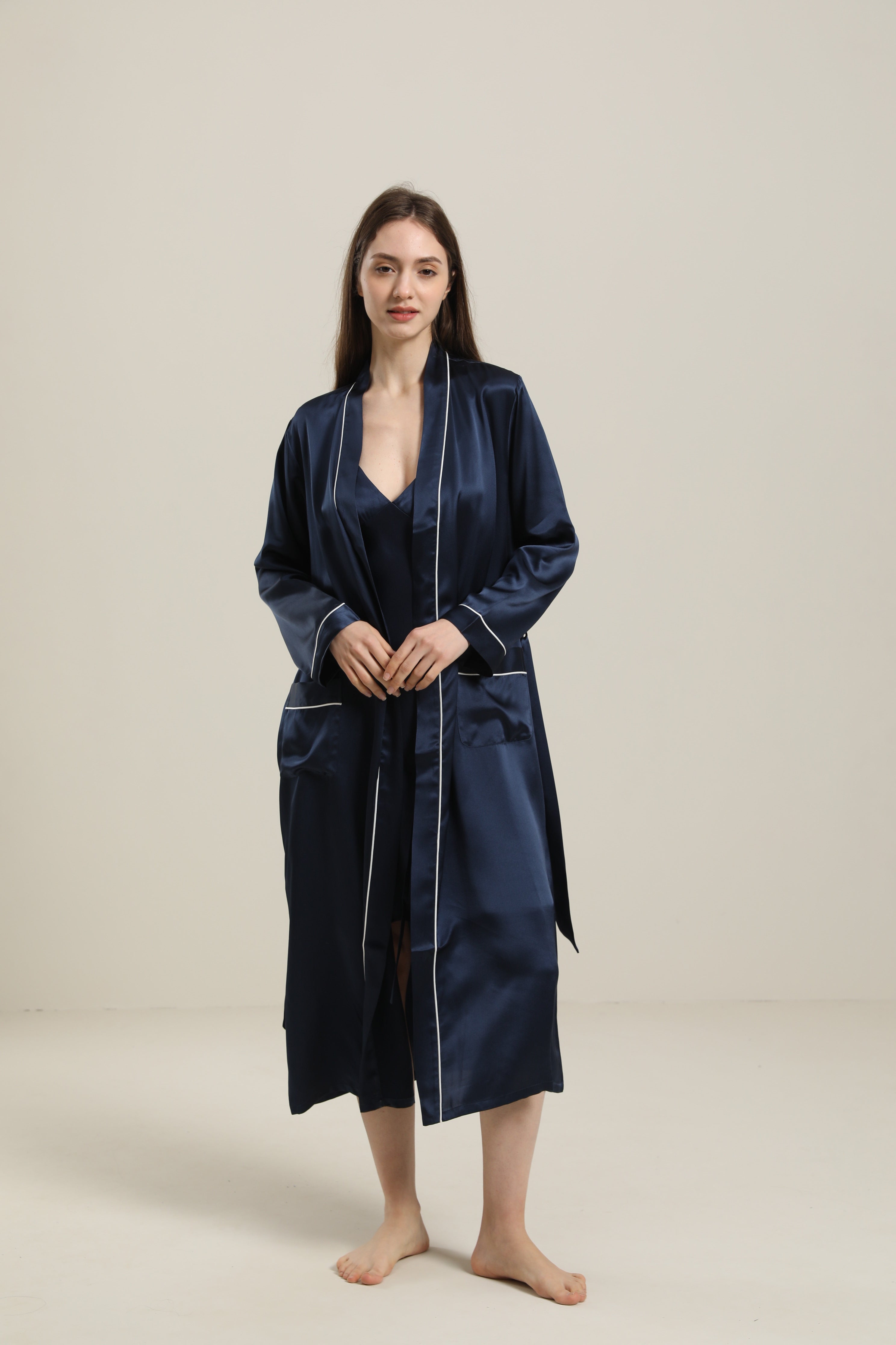 Washable Pure Color Silk Robe For Women, Navy