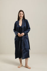 Washable Pure Color Silk Robe For Women, Navy