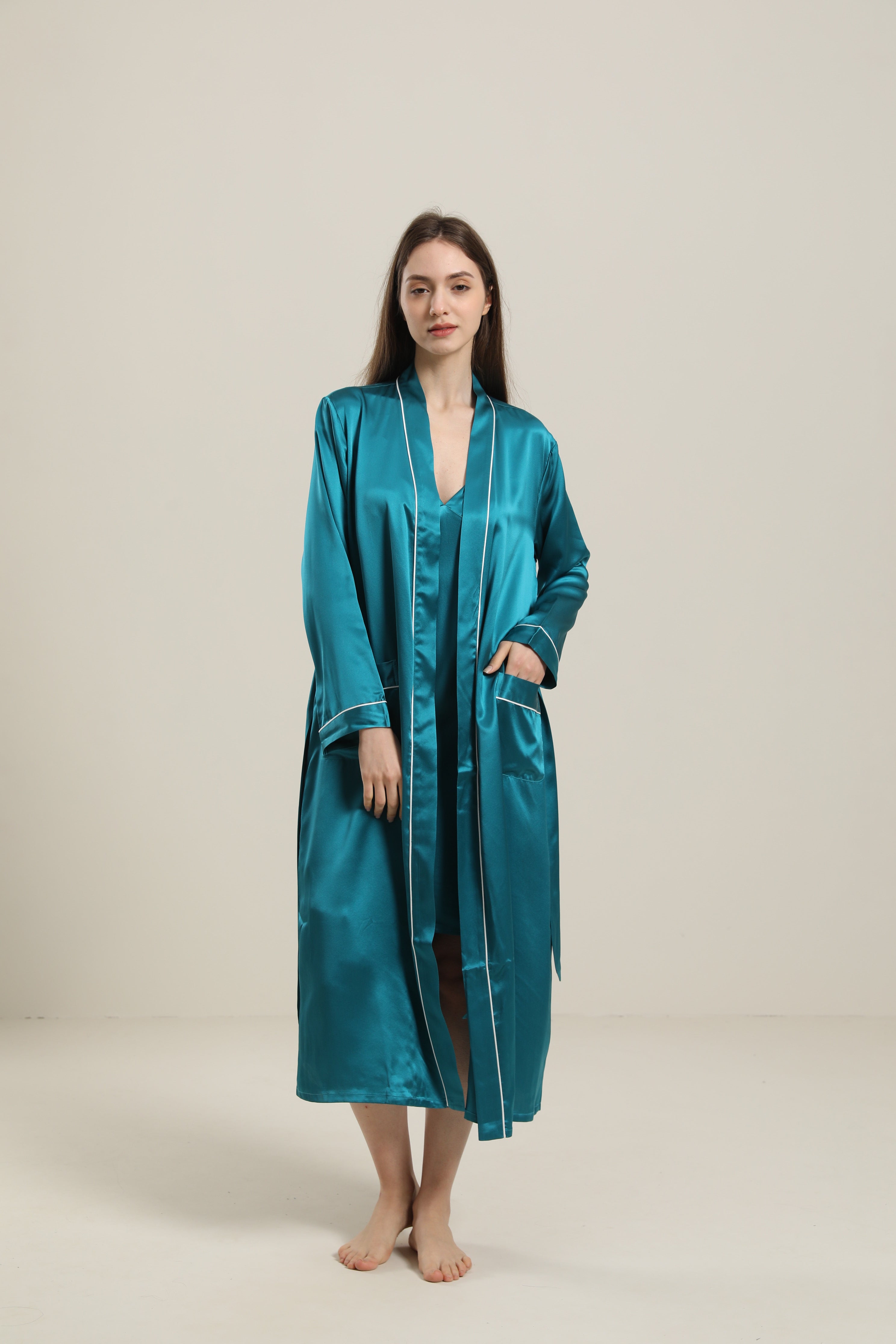 Washable Pure Color Silk Robe For Women, Peacock Blue