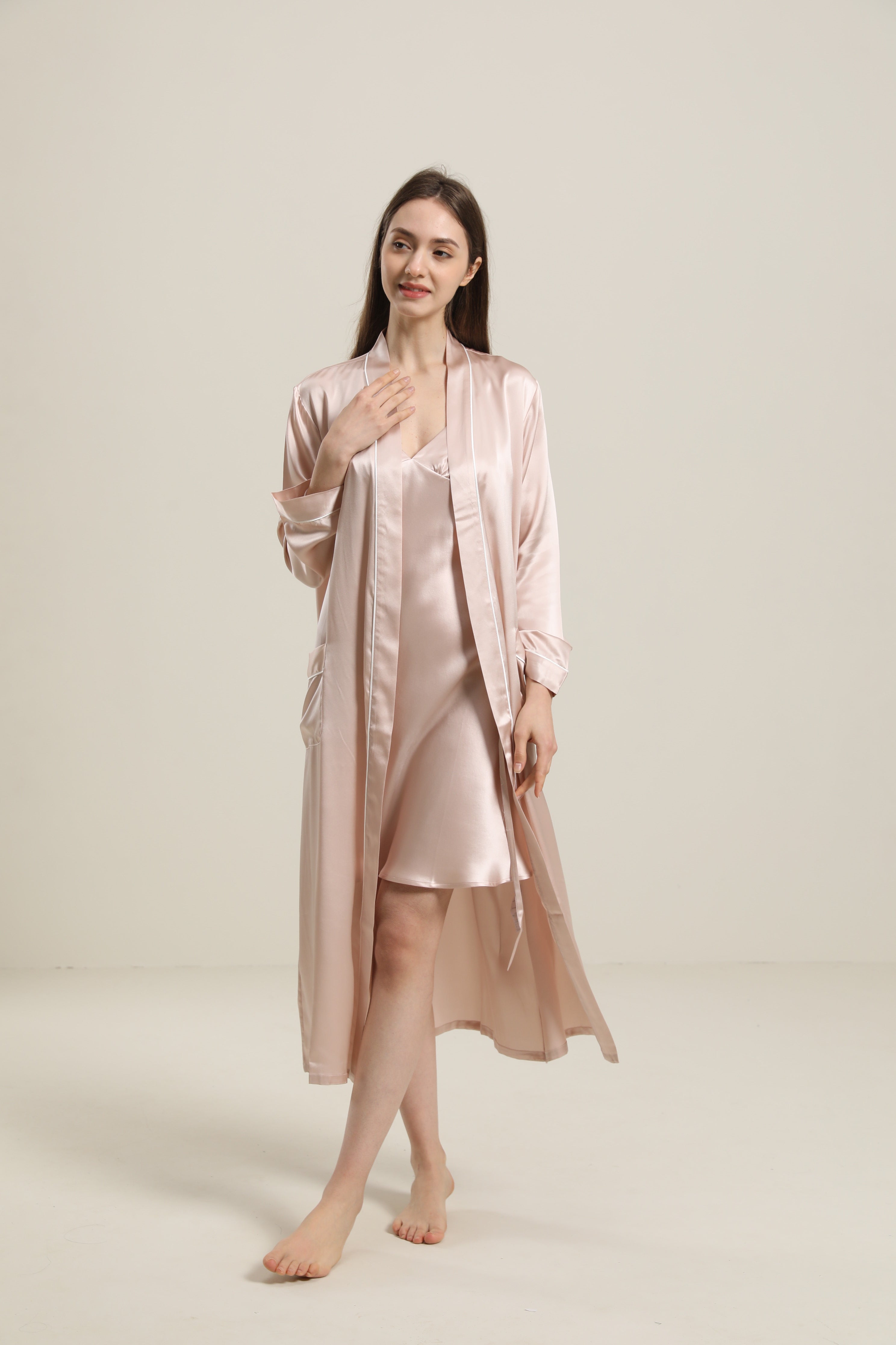 Washable Pure Color Silk Robe For Women, Pink